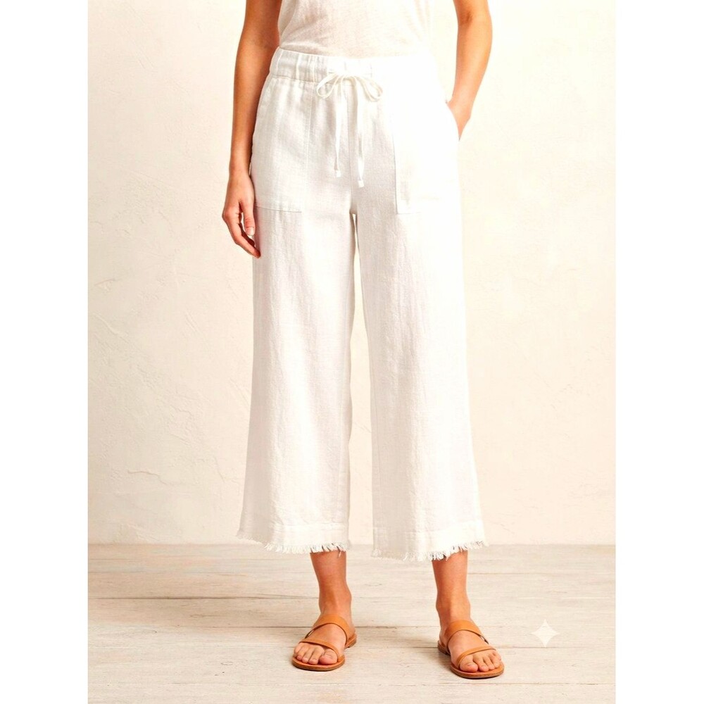 White Wide-Leg Cropped Pants Rayon Linen Drawstring Fringe M Boho Flowy Cottage